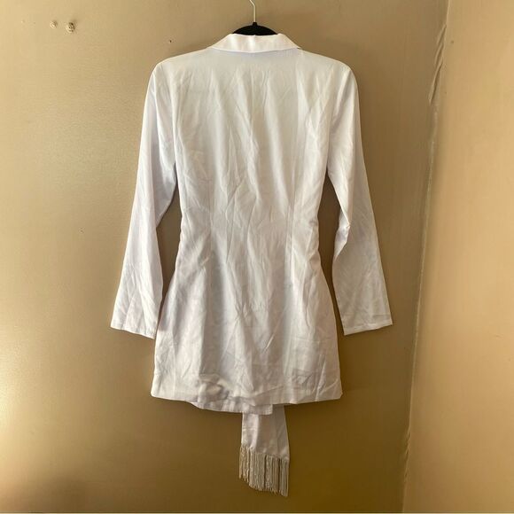 NWT More To Come Shanelle Blazer Fringe Dress White mini satin tie Revolve S - Picture 7 of 9